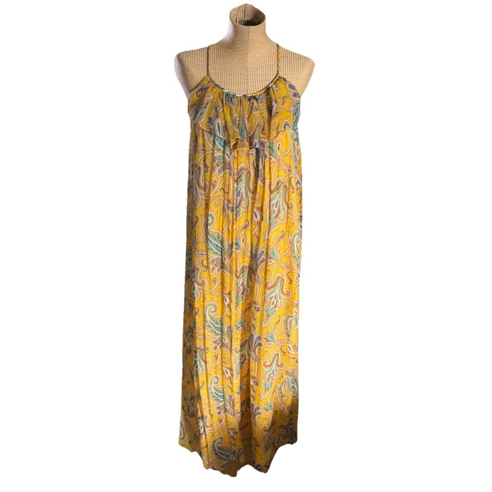 Y2K Tibi 100%‎ Silk Maxi Dress Yellow Paisley Summer Flowy Ruffle Strappy Size 4
